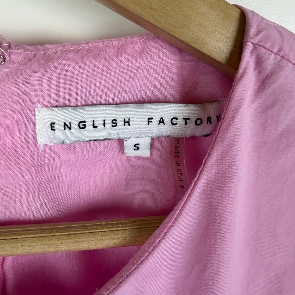 English Factory Pink Scalloped Tiered Mini Dress Small Puff Sleeve Preppy Cotton - Picture 8 of 12